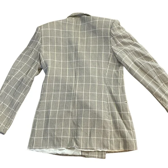 Vintage Plaid Double-Breasted Long Blazer- Sz 10- 100% Rayon-VERY DIANE KEATON!